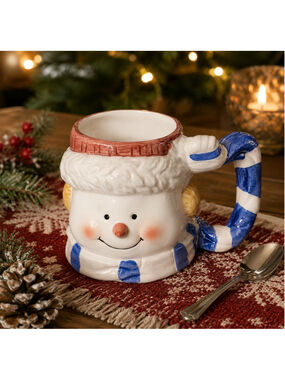 Vintage Ceramic Snowman Face Mug Blue Scarf Handle Christmas Coffee Cup 4.5"